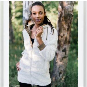 Zyia Sherpa Fleece Zip Hoodie Jacket Cream Brown Lined Medium